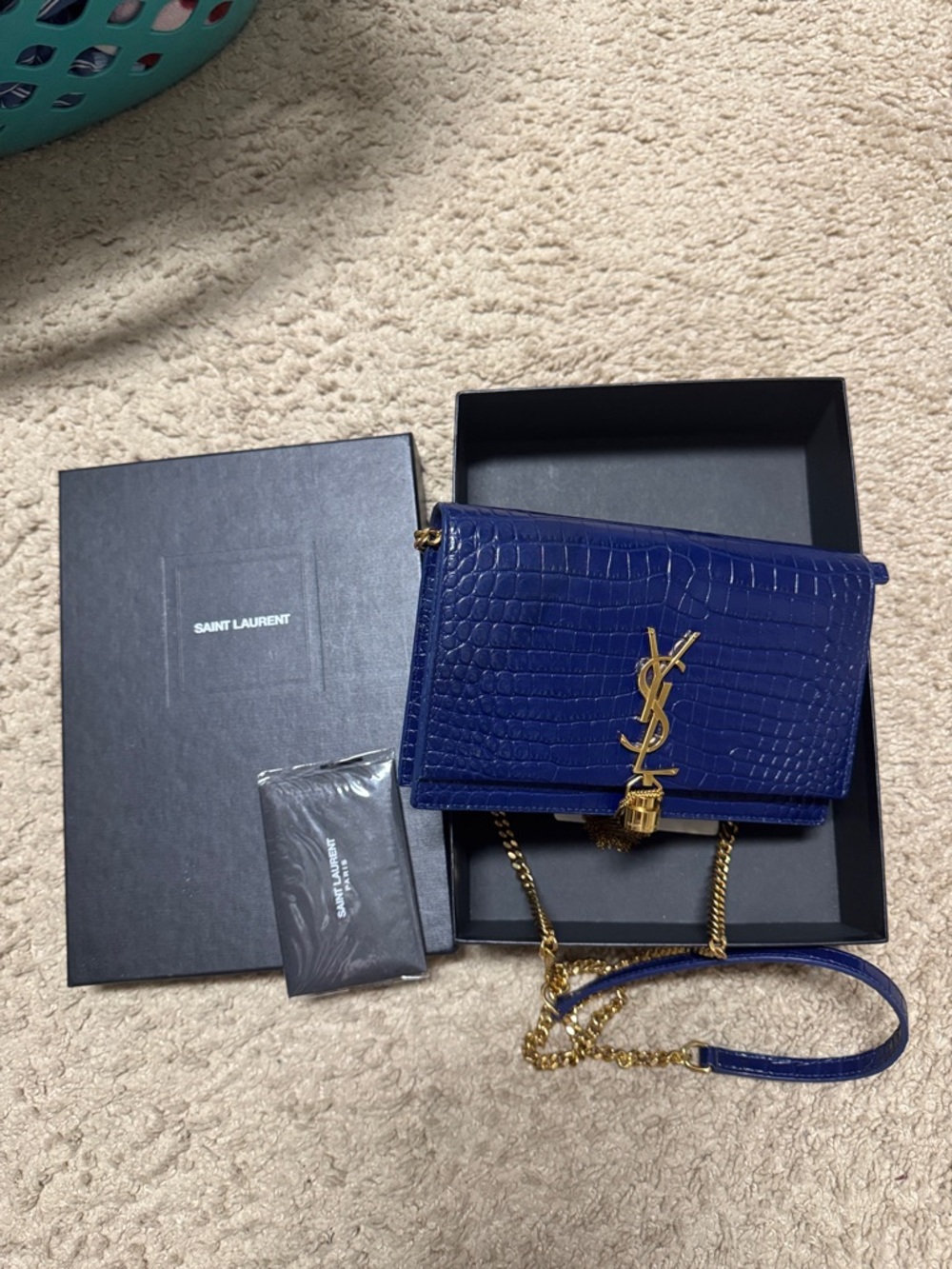 Saint Laurent Royal Blue Croc-Embossed Kate Monogram Chain Crossbody